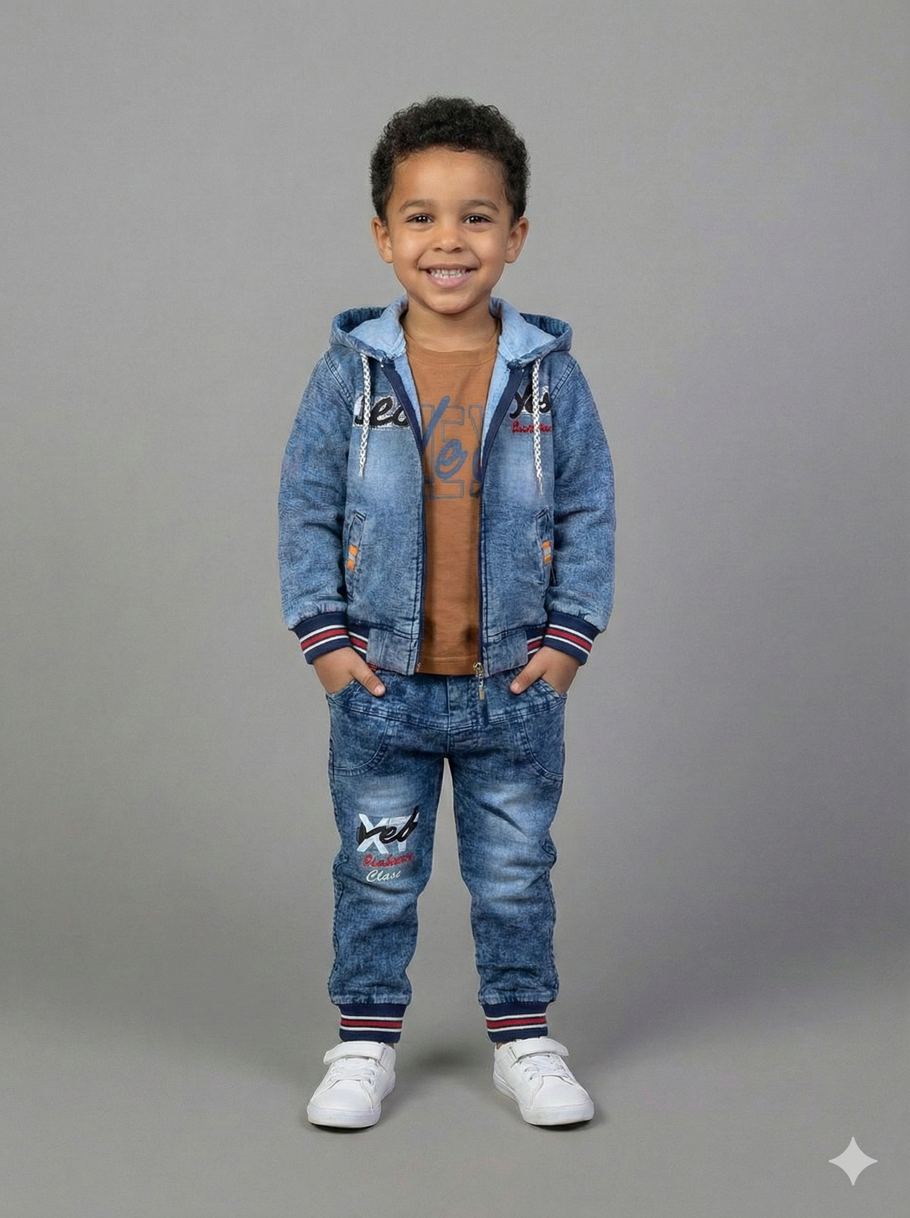 Trendy 3-in-1 Kids Set: Hooded Denim-Style Jacket, Matching Joggers aur Inner T-Shirt