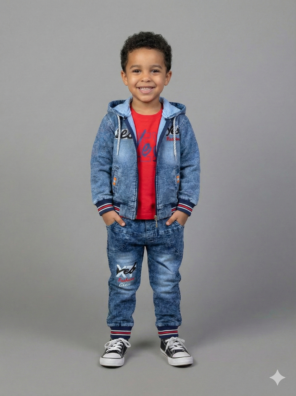Trendy 3-in-1 Kids Set: Hooded Denim-Style Jacket, Matching Joggers aur Inner T-Shirt