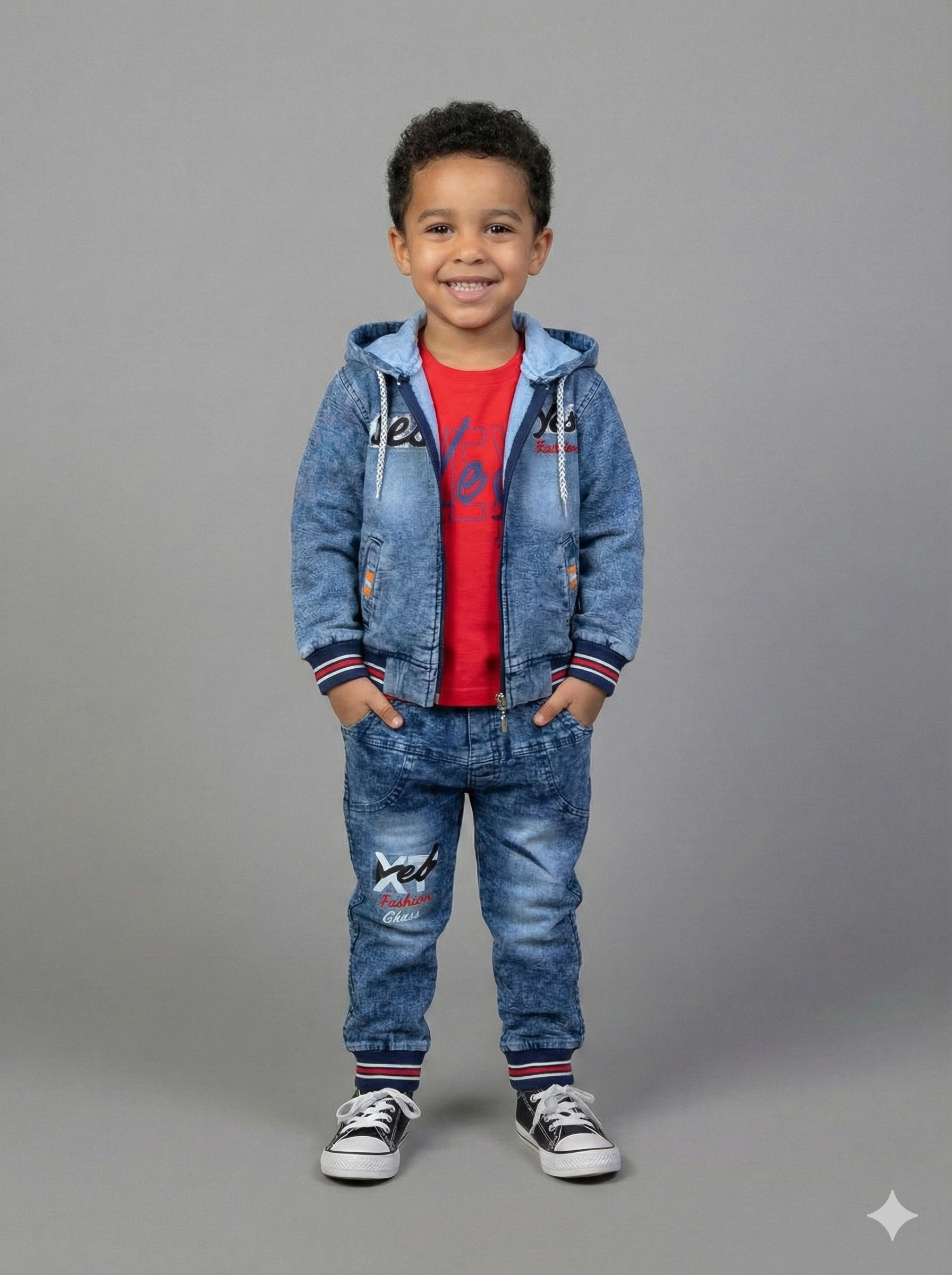 Trendy 3-in-1 Kids Set: Hooded Denim-Style Jacket, Matching Joggers aur Inner T-Shirt