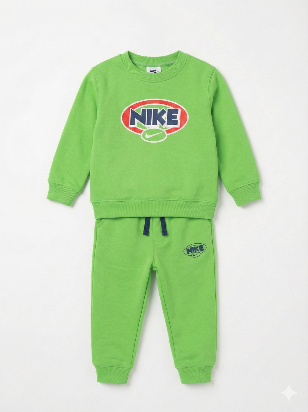 Nike Kids Lime Green Fleece Tracksuit – Retro Logo Crewneck Sweatshirt & Joggers Set