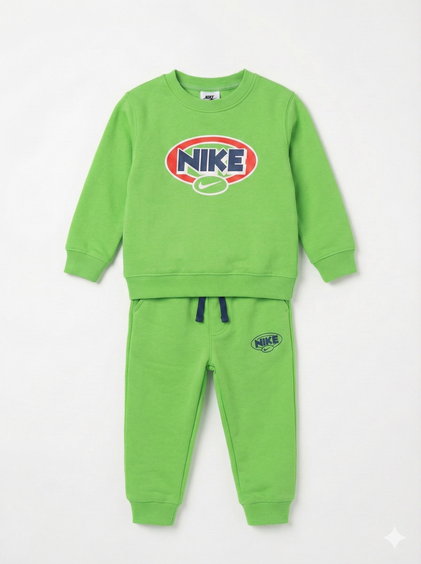 Nike Kids Lime Green Fleece Tracksuit – Retro Logo Crewneck Sweatshirt & Joggers Set