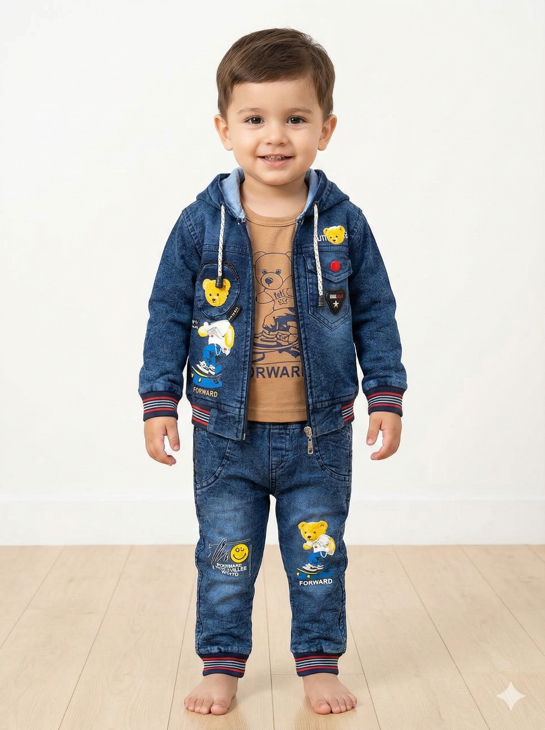 Toddler 3-Piece Playful Patch Set: Hooded Denim-Look Jacket, Joggers, & Inner Tee