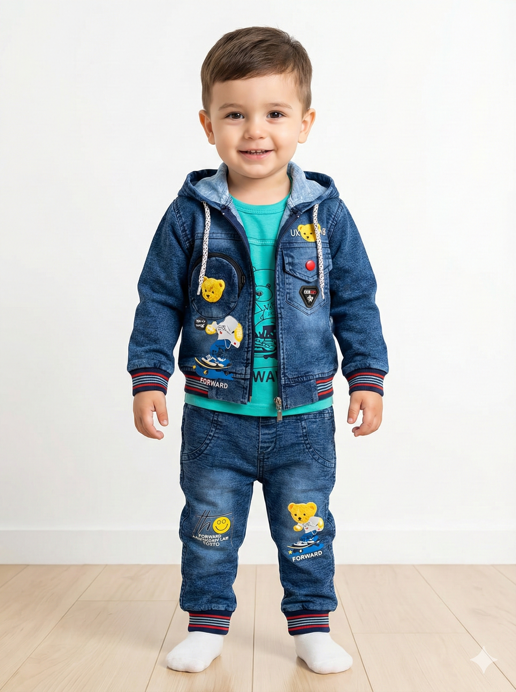 Toddler 3-Piece Playful Patch Set: Hooded Denim-Look Jacket, Joggers, & Inner Tee