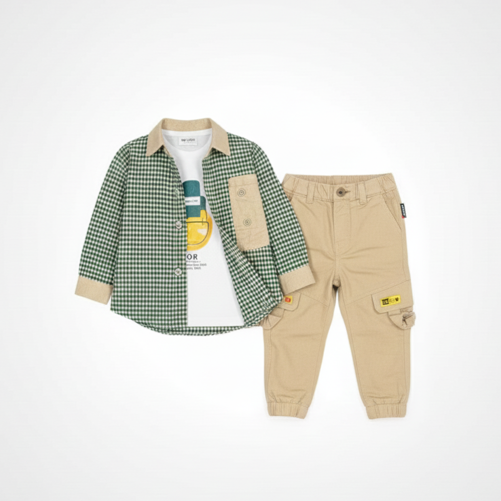 3pcs Kids Premium Outfit featuring Corduroy Collar Gingham Shirt, white Tee, and Cargo Trousers set.2