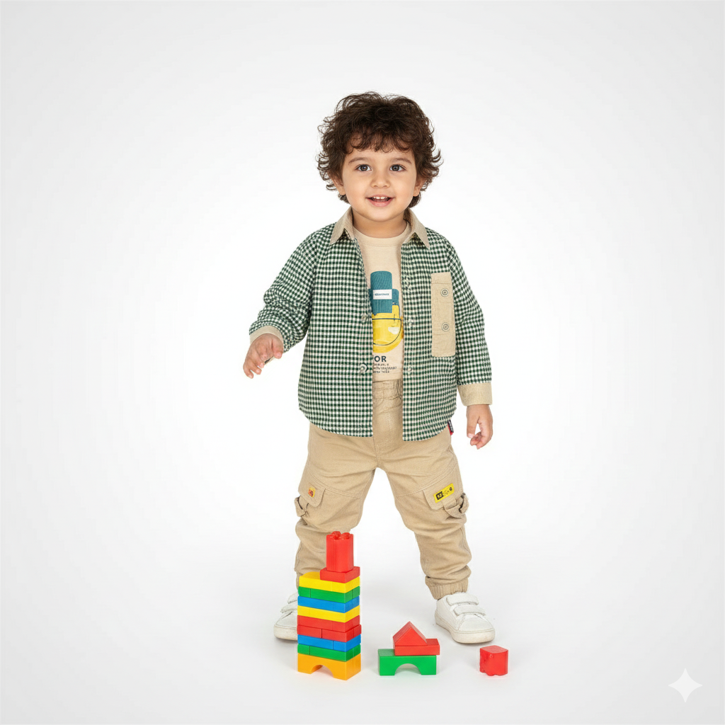 3pcs Kids Premium Outfit featuring Corduroy Collar Gingham Shirt, white Tee, and Cargo Trousers set 1