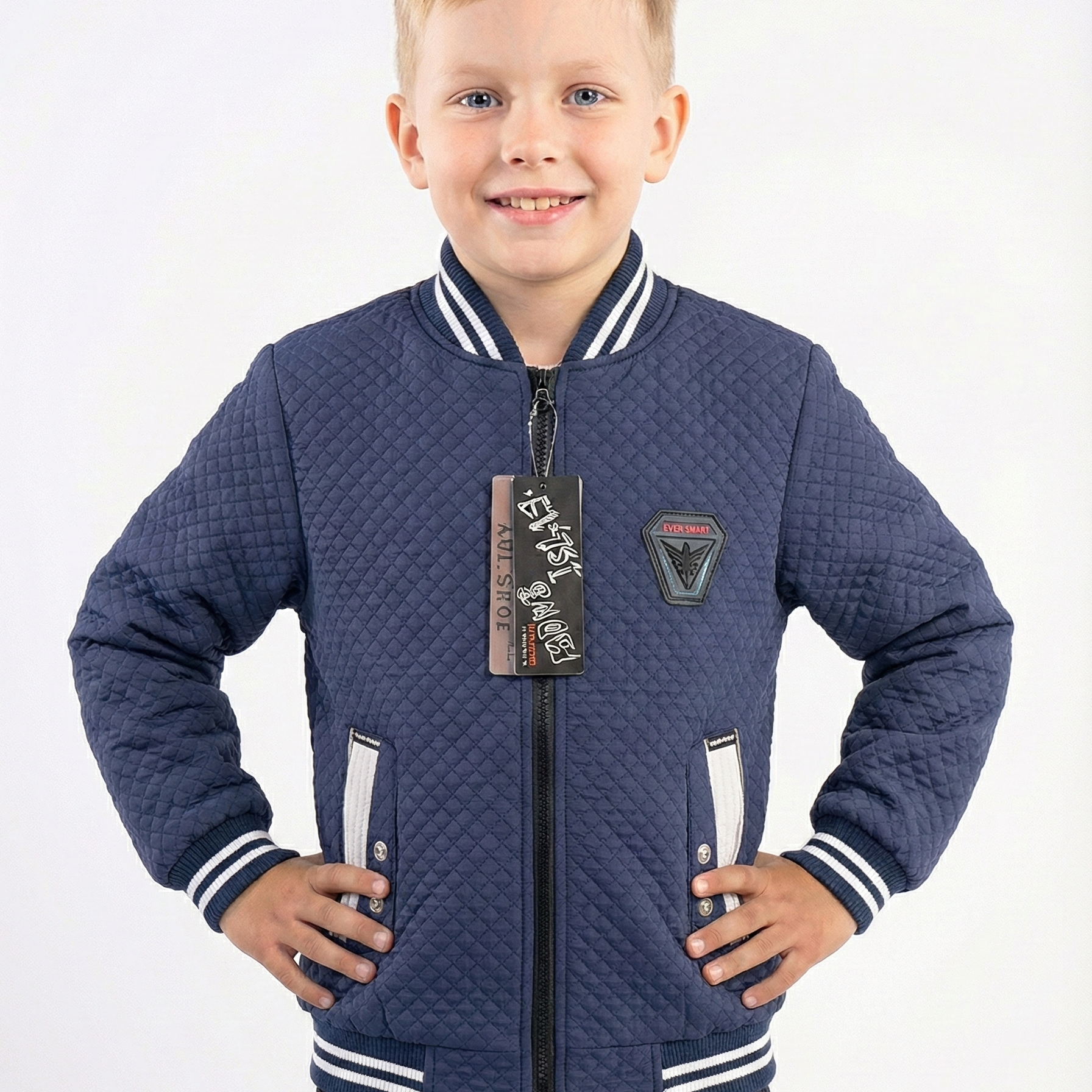 Boys' Quilted Bomber Jacket in Brown with Varsity Stripes