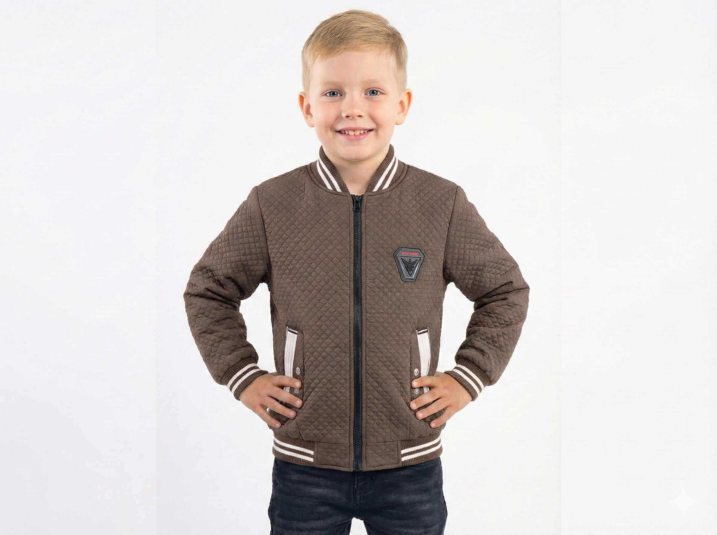 Boys' Quilted Bomber Jacket in Brown with Varsity Stripes