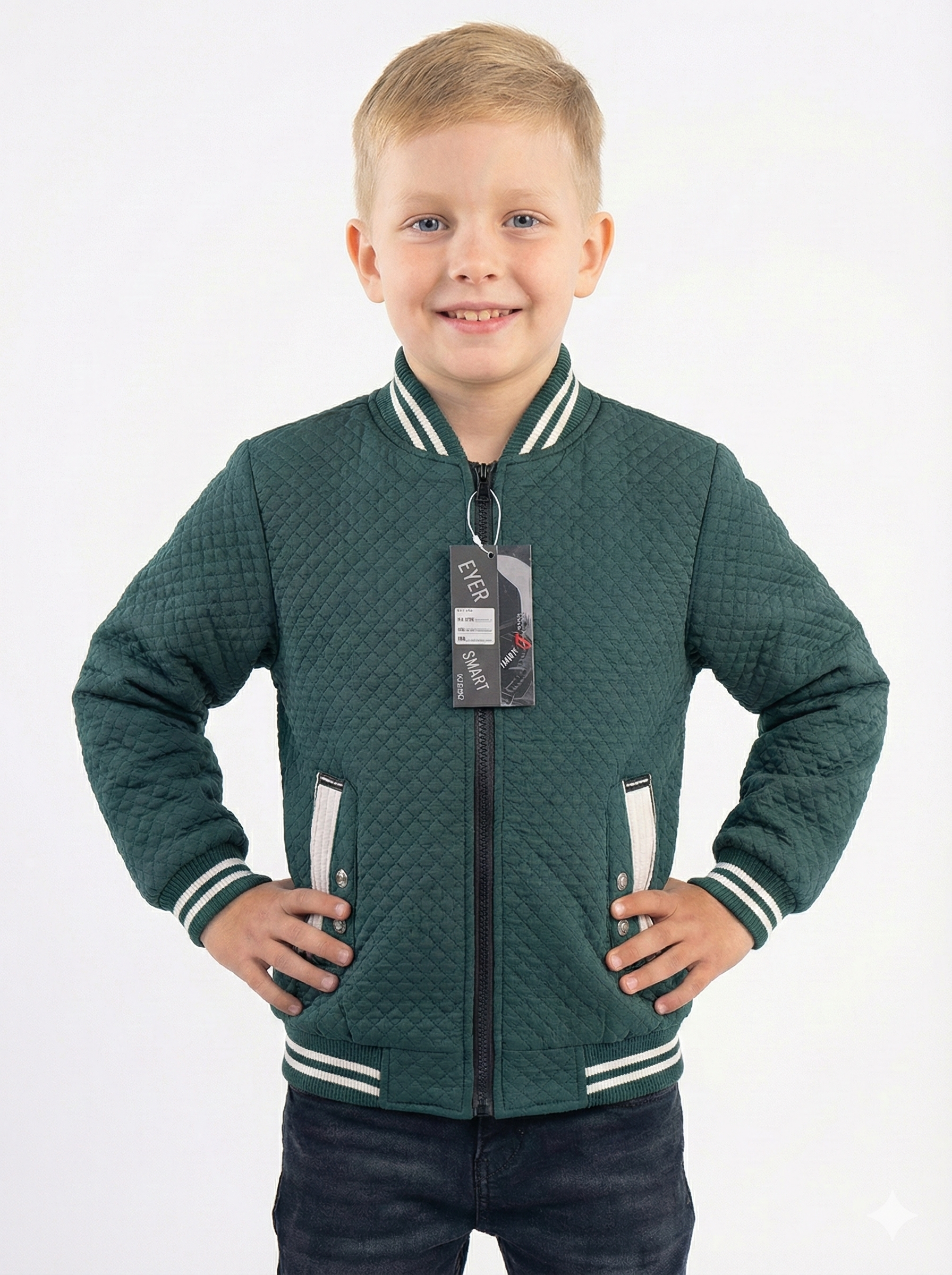 Boys' Quilted Bomber Jacket in Brown with Varsity Stripes