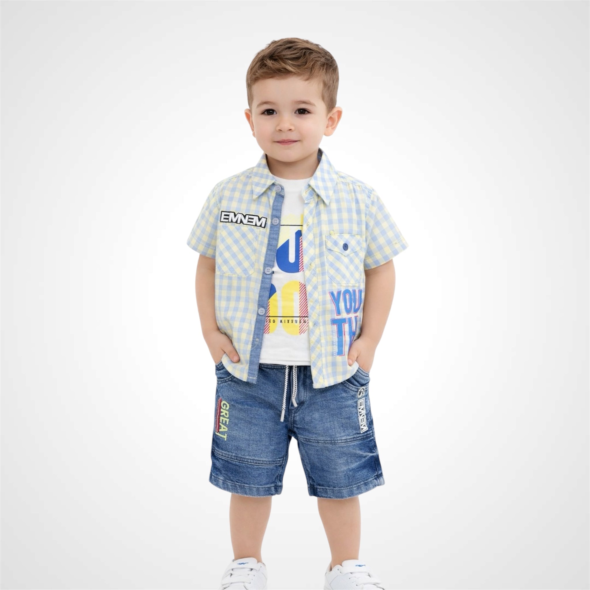 Boys 3-Piece Summer Outfit Set - Shirt With Tee & Denim Shorts