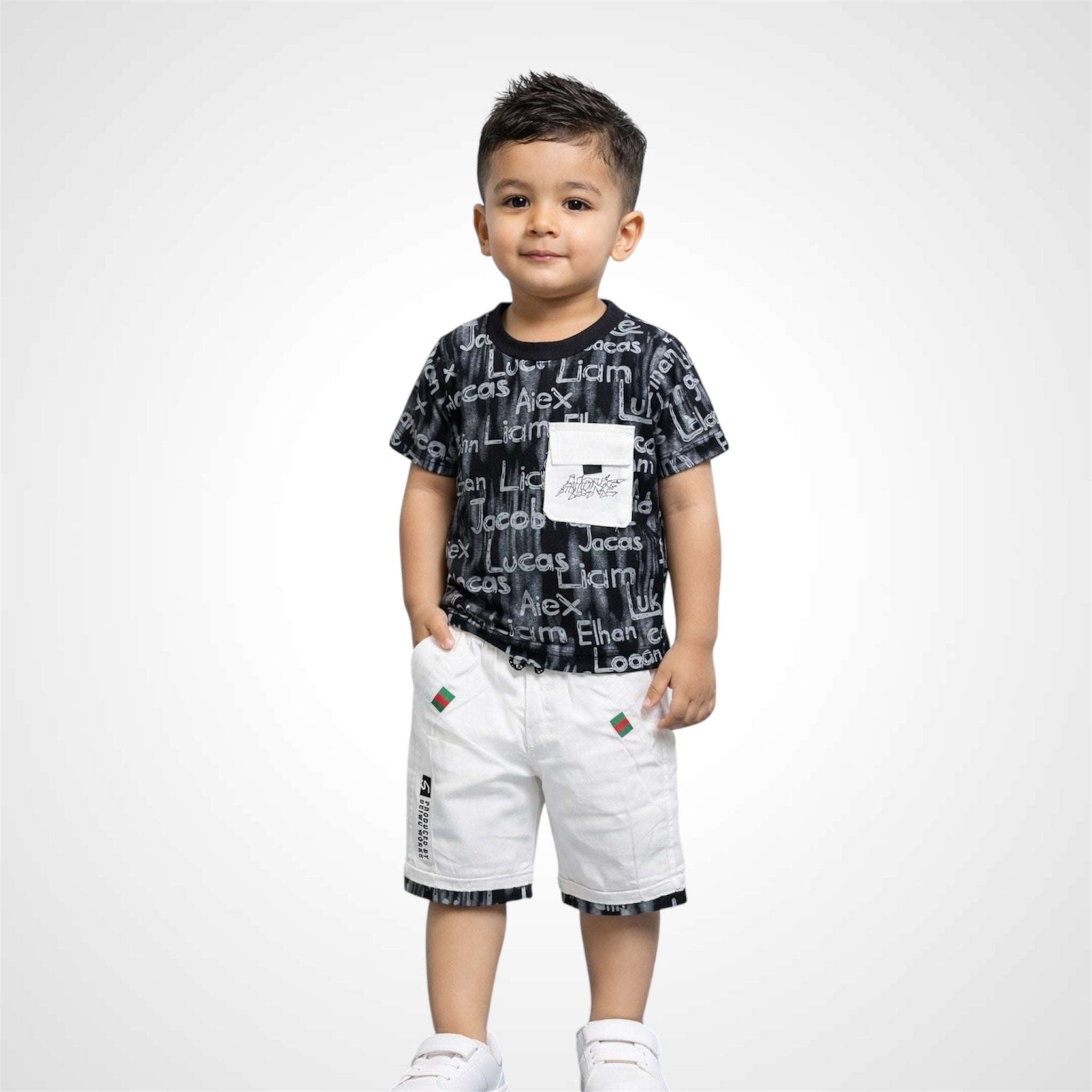 Boys cotton blend two-piece summer outfit with typography print t-shirt and matching shorts.