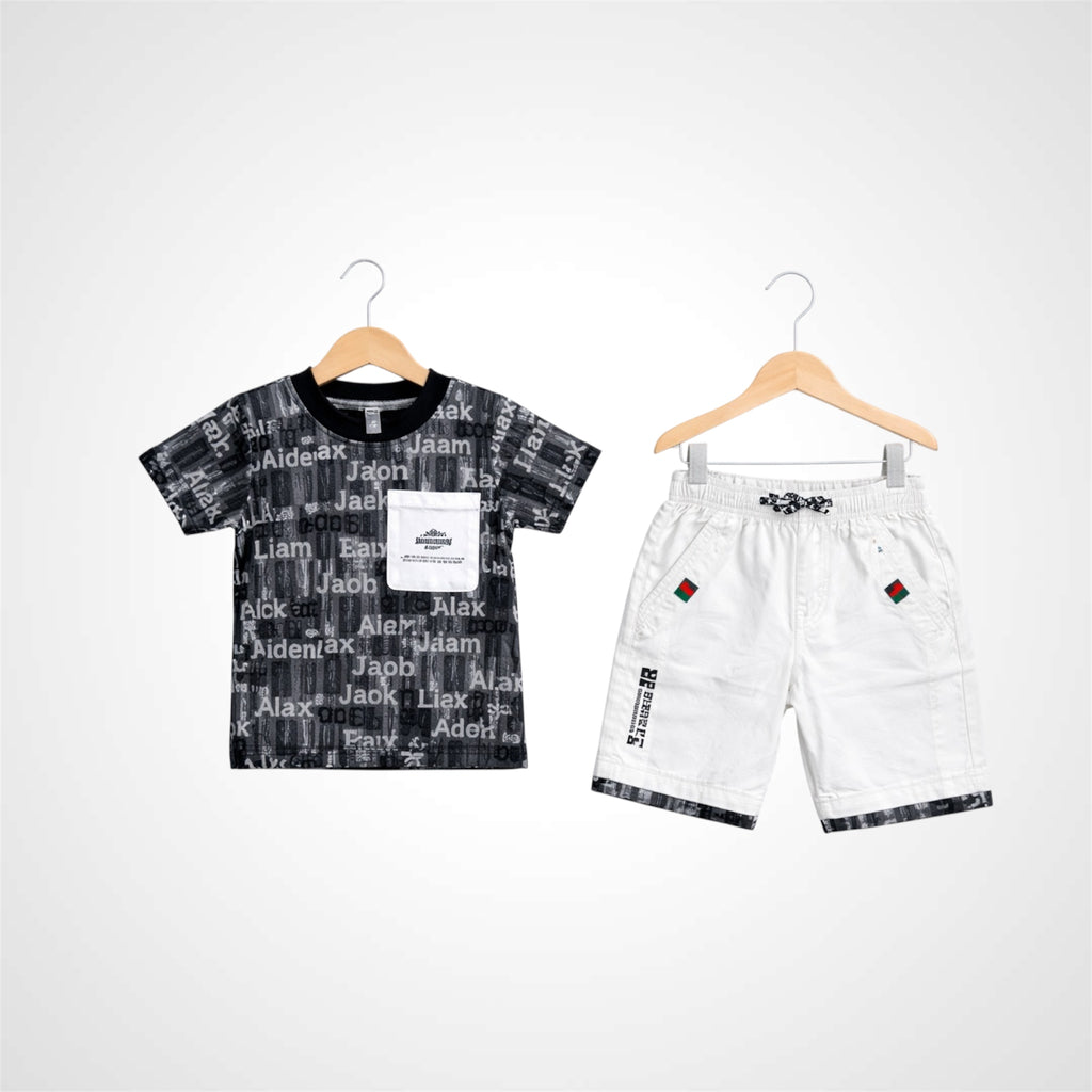 Boys cotton blend two-piece summer outfit with typography print t-shirt and matching shorts.