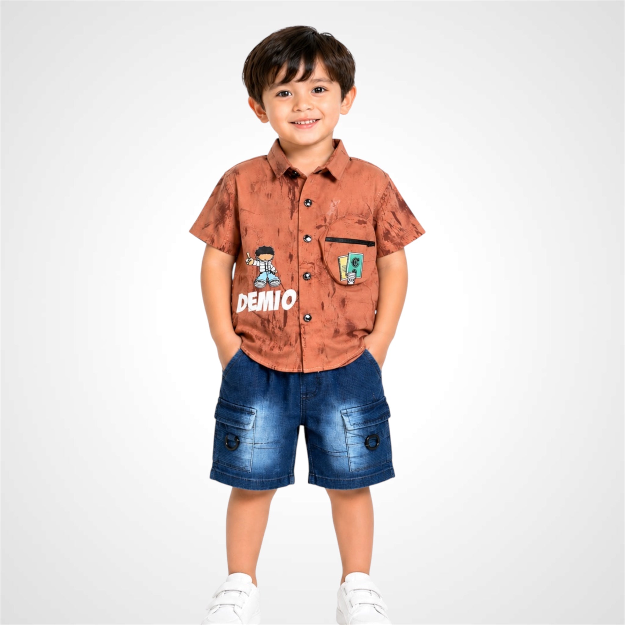 Boys Premium Casual Two-Piece Suit – Printed Short Sleeve Shirt with Cargo Denim Shorts