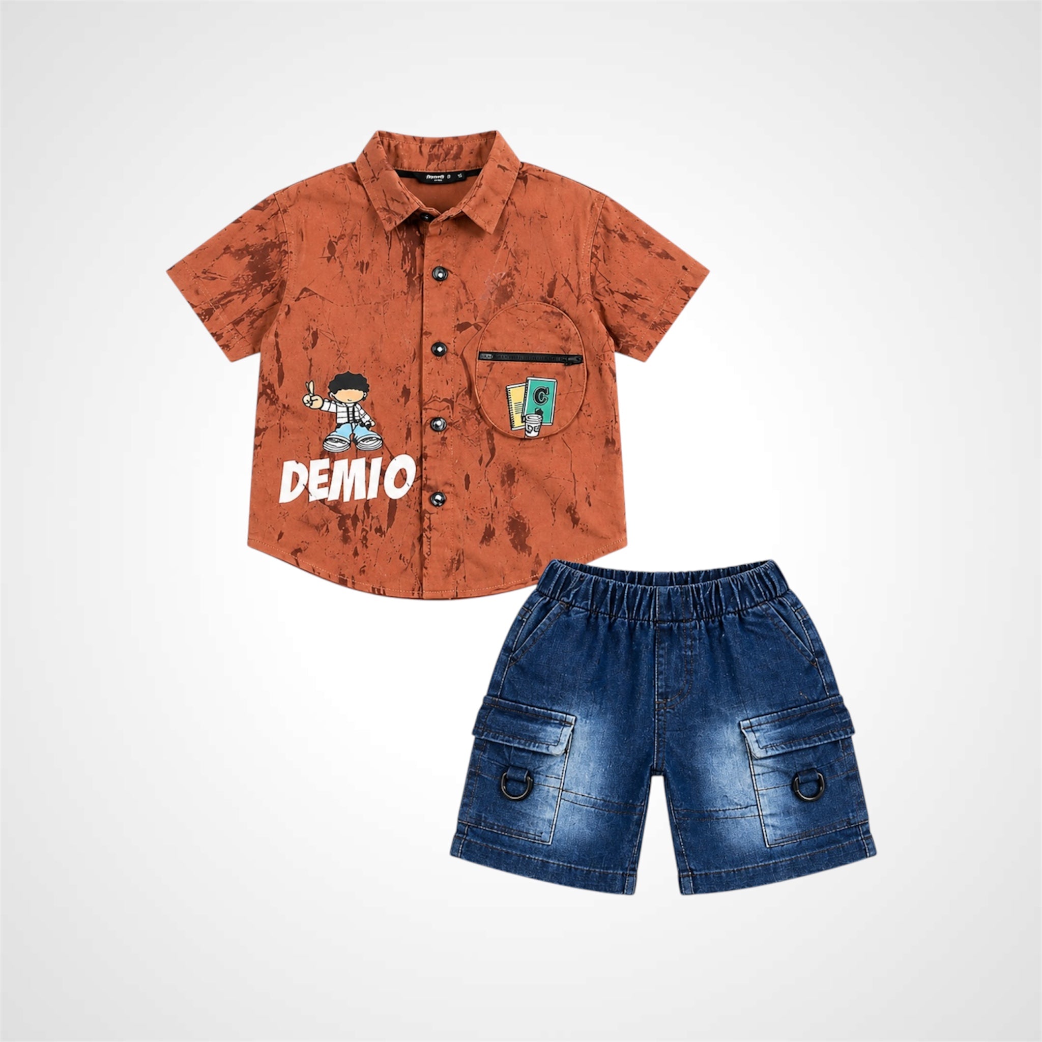 Boys Premium Casual Two-Piece Suit – Printed Short Sleeve Shirt with Cargo Denim Shorts