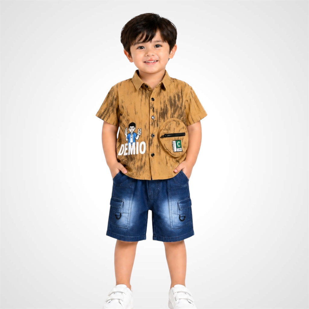 Boys Premium Casual Two-Piece Suit – Printed Short Sleeve Shirt with Cargo Denim Shorts