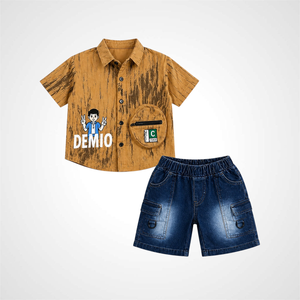 Boys Premium Casual Two-Piece Suit – Printed Short Sleeve Shirt with Cargo Denim Shorts