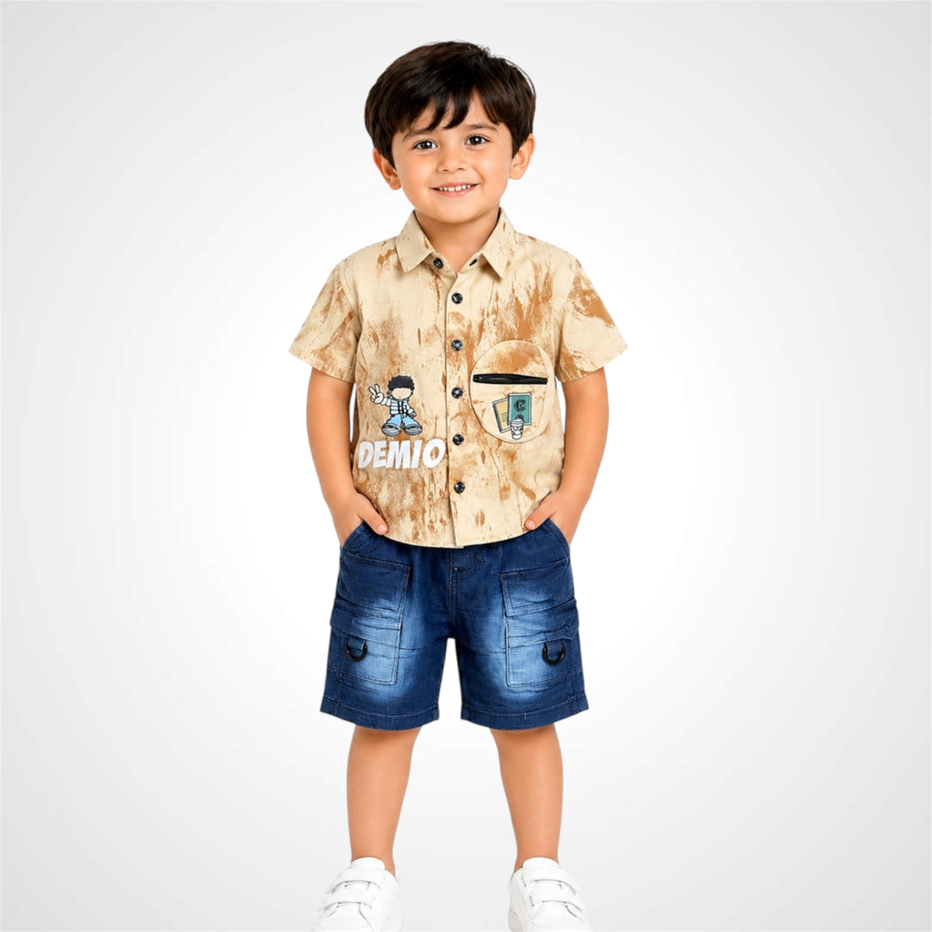 Boys Premium Casual Two-Piece Suit – Printed Short Sleeve Shirt with Cargo Denim Shorts