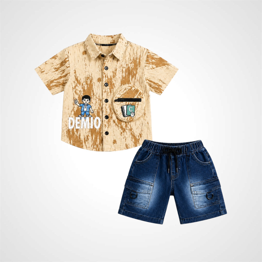 Boys Premium Casual Two-Piece Suit – Printed Short Sleeve Shirt with Cargo Denim Shorts