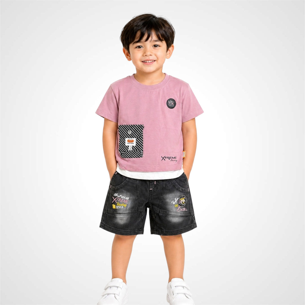 Boys-casual-graphic-tshirt-and-denim-shorts-outfit-set