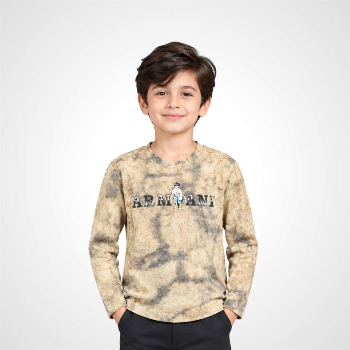 Boys tie-dye textured crew neck long sleeve T-shirt with graphic front detail