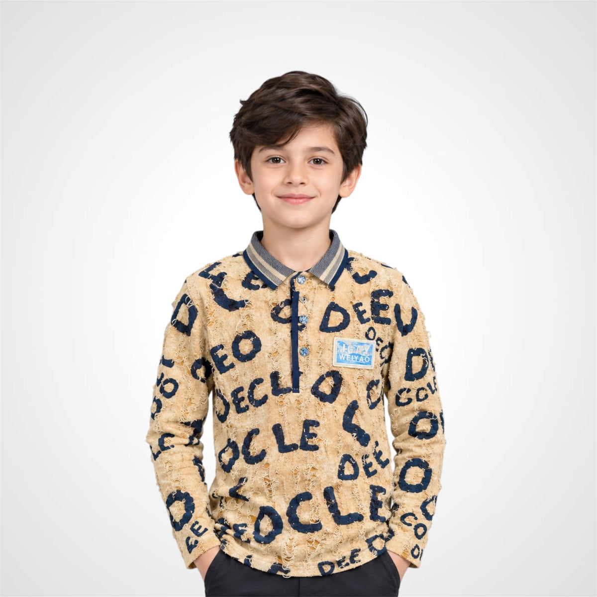 Boys tie-dye textured polo shirt with graphic lettering, button placket and long sleeves
