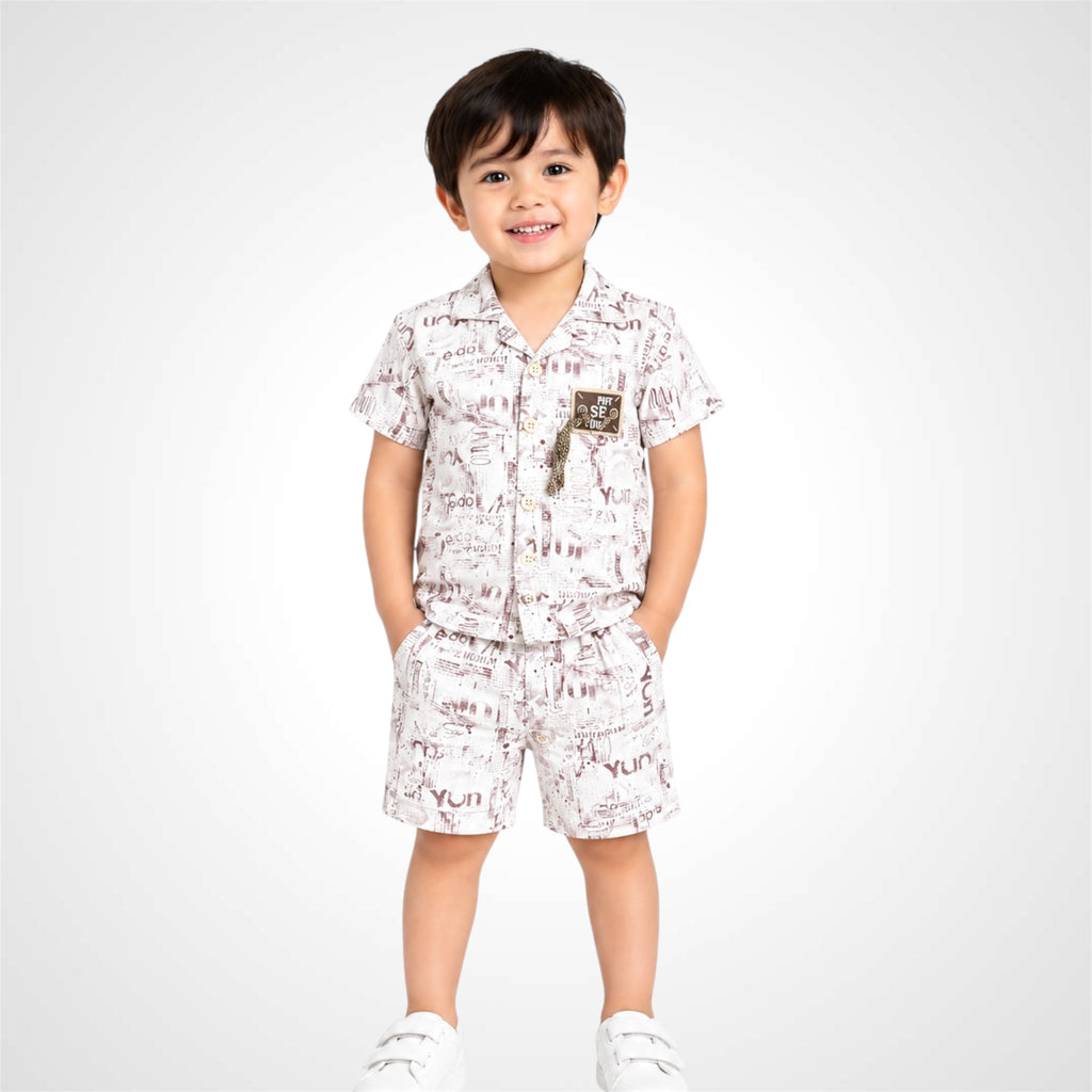 Boys Typography Print Casual Shirt & Matching Shorts Co-ord Set