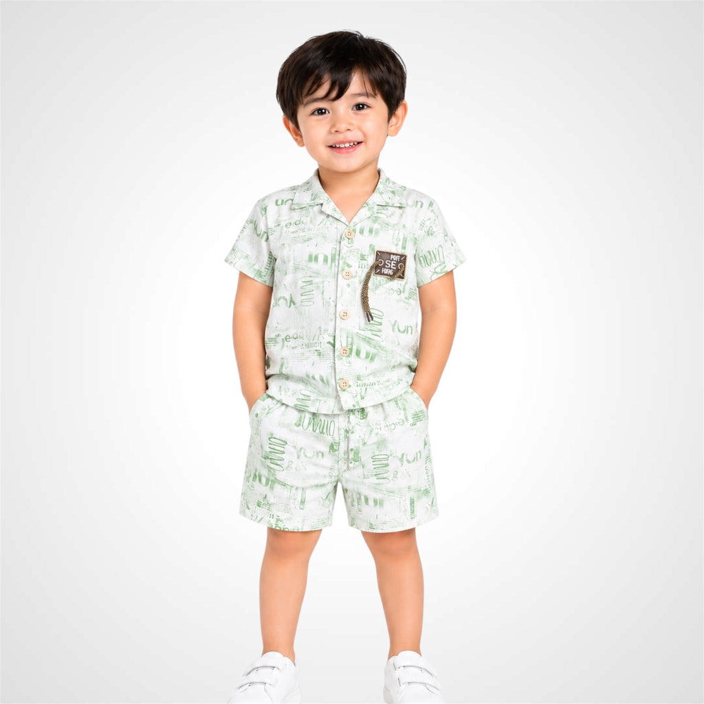 Boys Typography Print Casual Shirt & Matching Shorts Co-ord Set