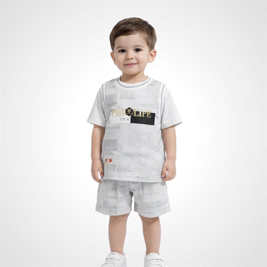 Boys basketball-inspired streetwear outfit featuring a jersey-style graphic t-shirt and athletic shorts on wooden hangers