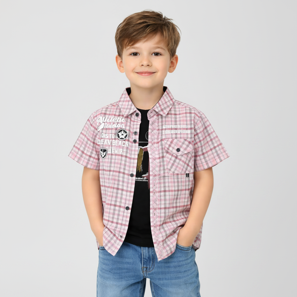 Boys' Casual Plaid Button-Down Shirt - Short Sleeve Cotton Top with Graphic Print