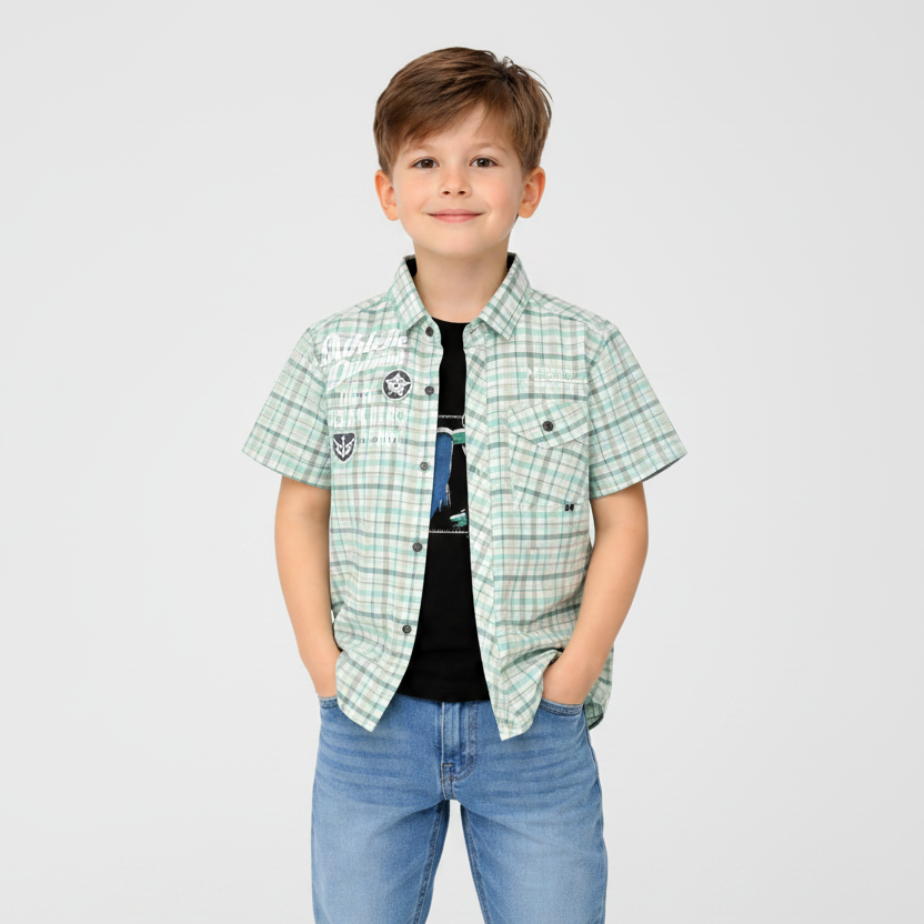 Boys' Casual Plaid Button-Down Shirt - Short Sleeve Cotton Top with Graphic Print