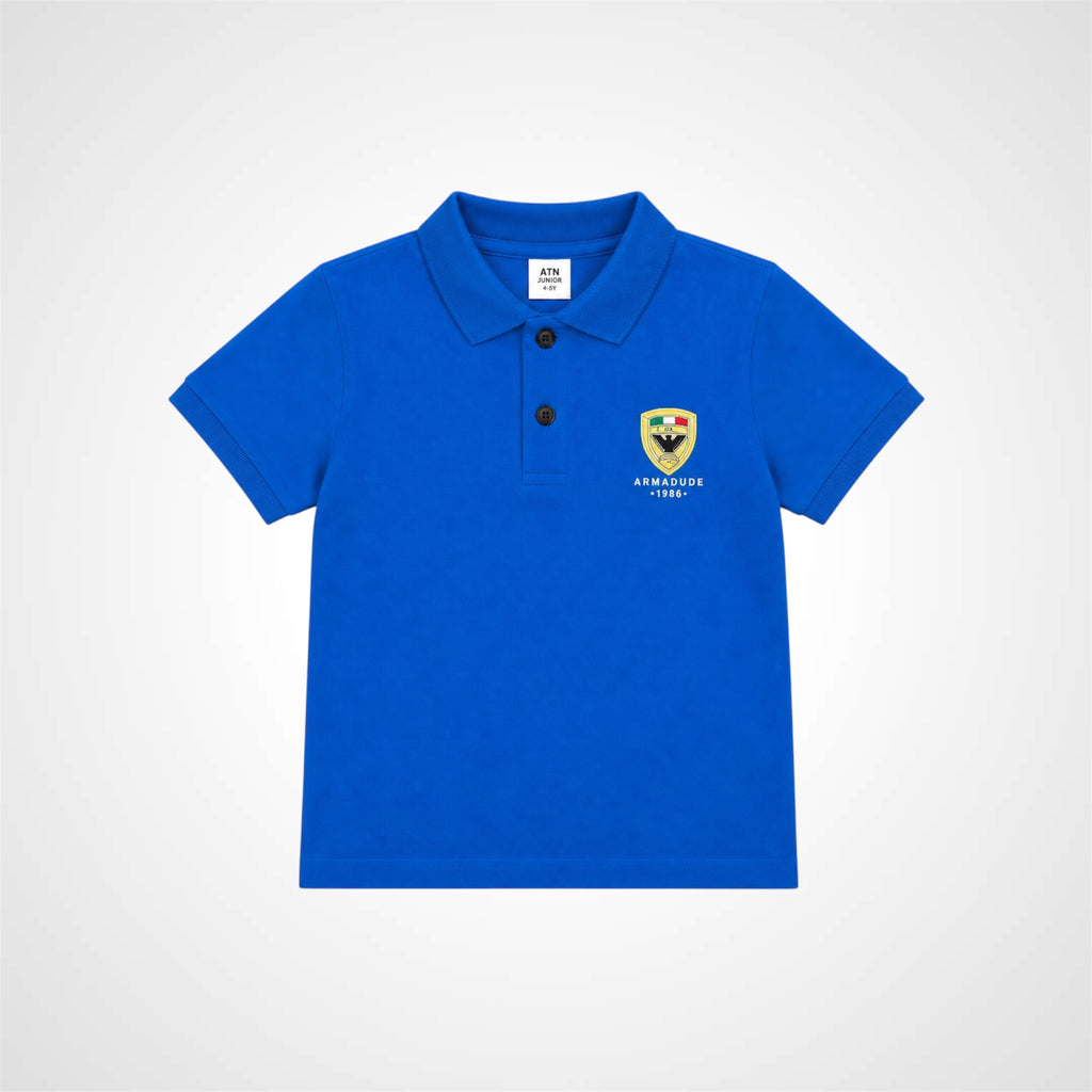 A royal blue short-sleeve polo shirt with a three-button placket and a small embroidered crest on the left chest, displayed on a light gray background.