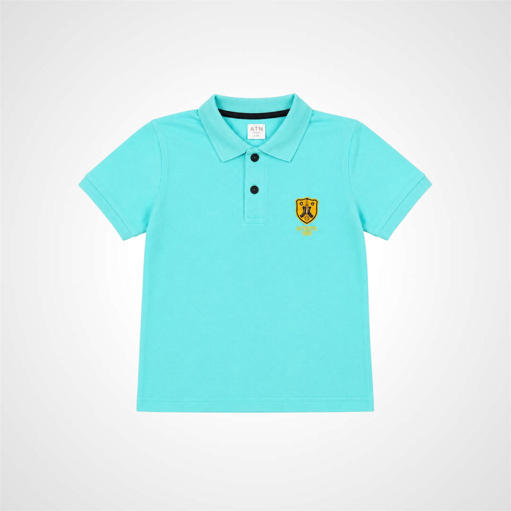 A light turquoise short-sleeve polo shirt for kids, featuring a two-button placket and a small yellow embroidered crest on the left chest, displayed on a clean white background.