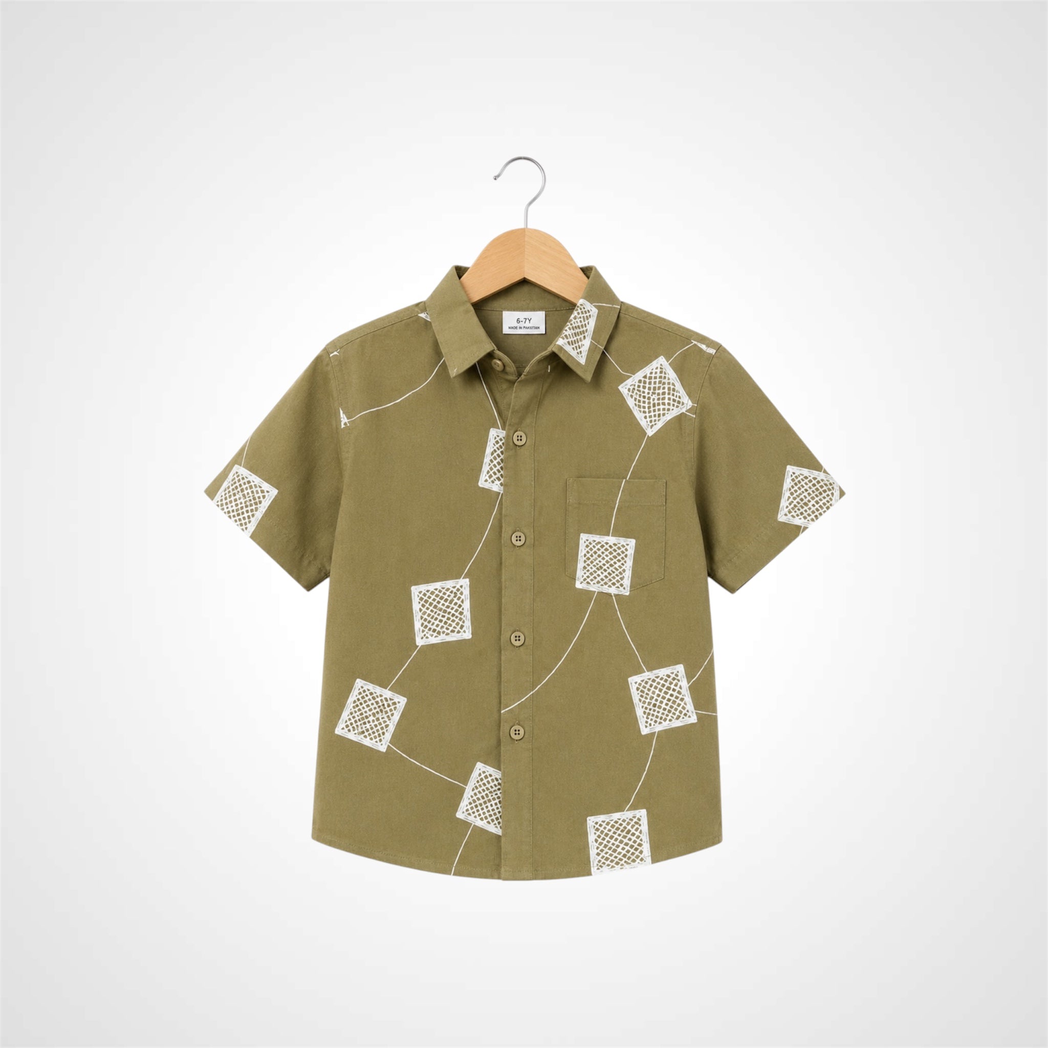 A short-sleeve button-up shirt in olive green with a white geometric line pattern, hanging on a wooden hanger against a light gray background.