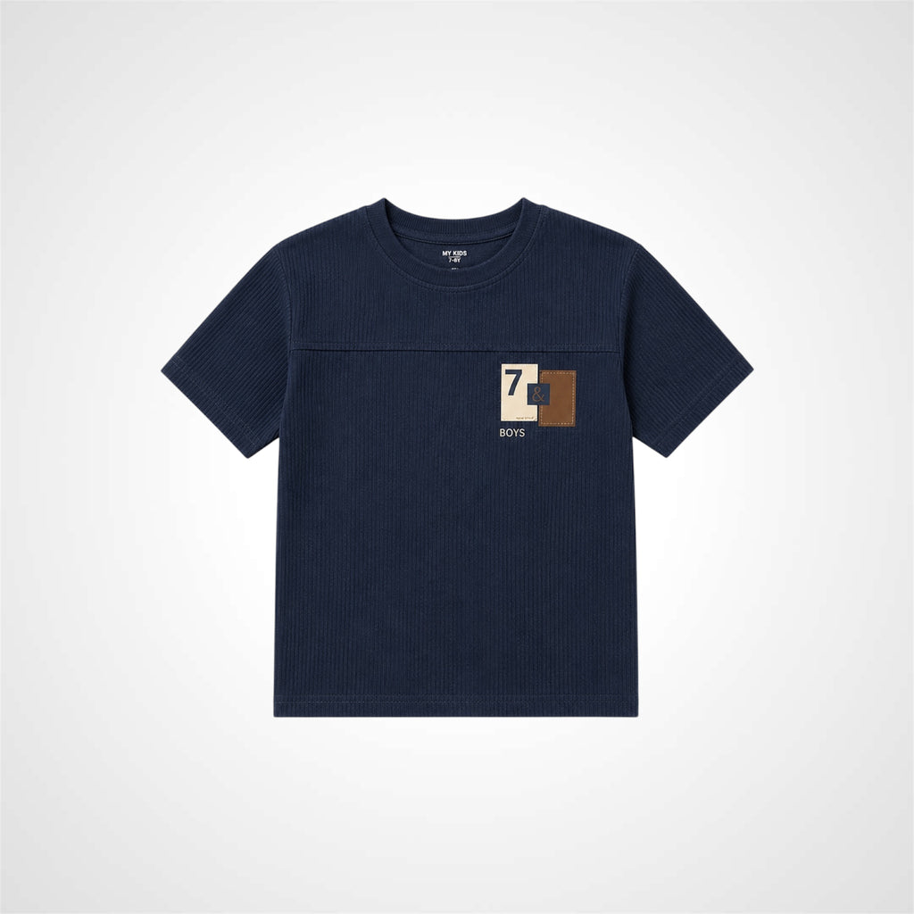 Boys short sleeve ribbed cotton t-shirt with chest graphic print and crew neck.