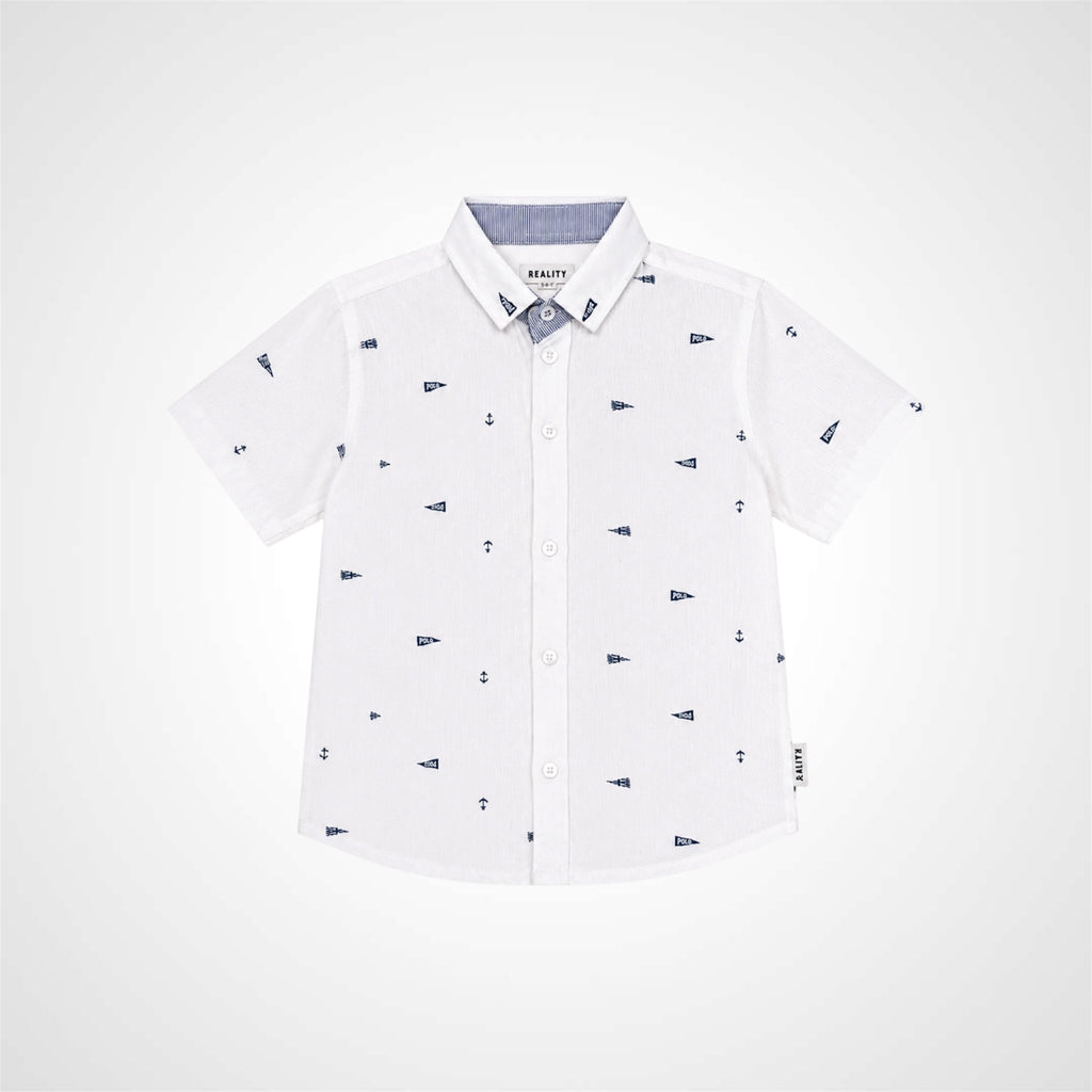A white short-sleeve button-up shirt for kids by Bragatti, featuring a small navy blue nautical anchor pattern throughout. The shirt is displayed flat against a light gray background.
