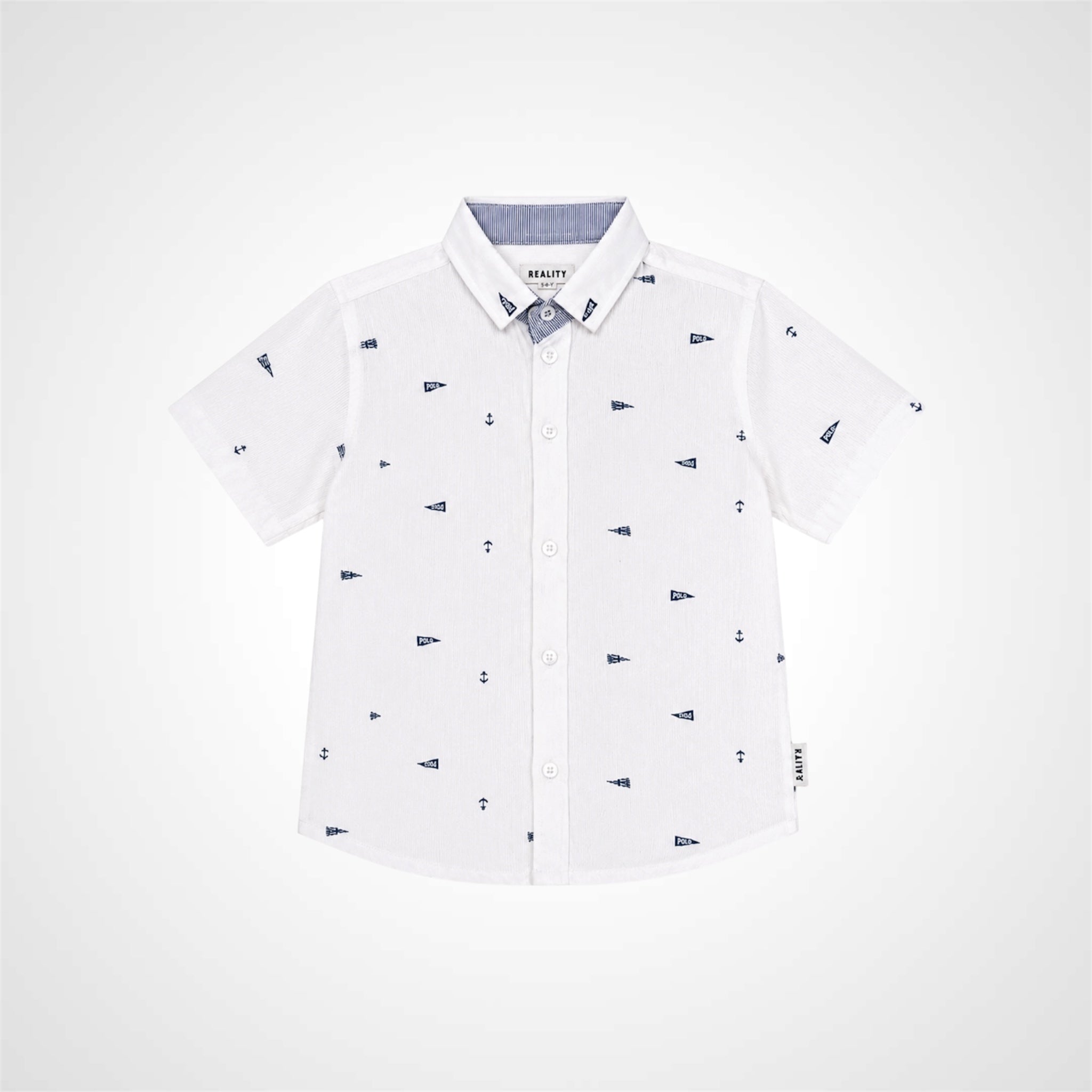 A white short-sleeve button-up shirt for kids by Bragatti, featuring a small navy blue nautical anchor pattern throughout. The shirt is displayed flat against a light gray background.