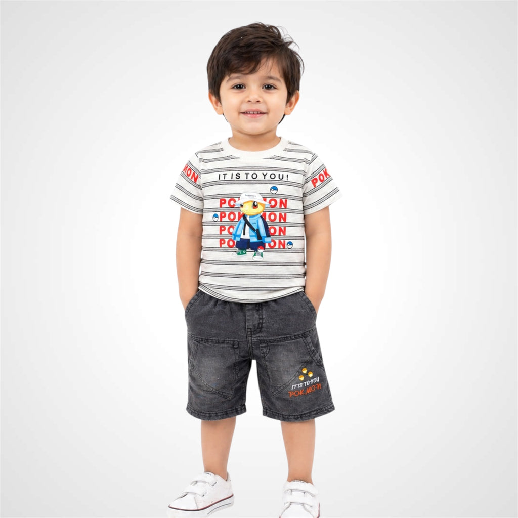 Casual Summer Set - Character Print Tee & Washed Denim Shorts