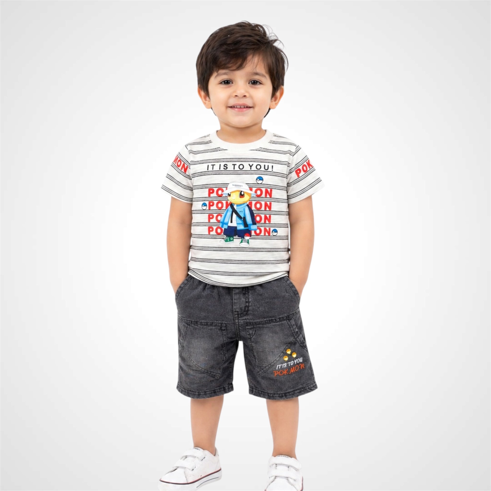 Casual Summer Set - Character Print Tee & Washed Denim Shorts