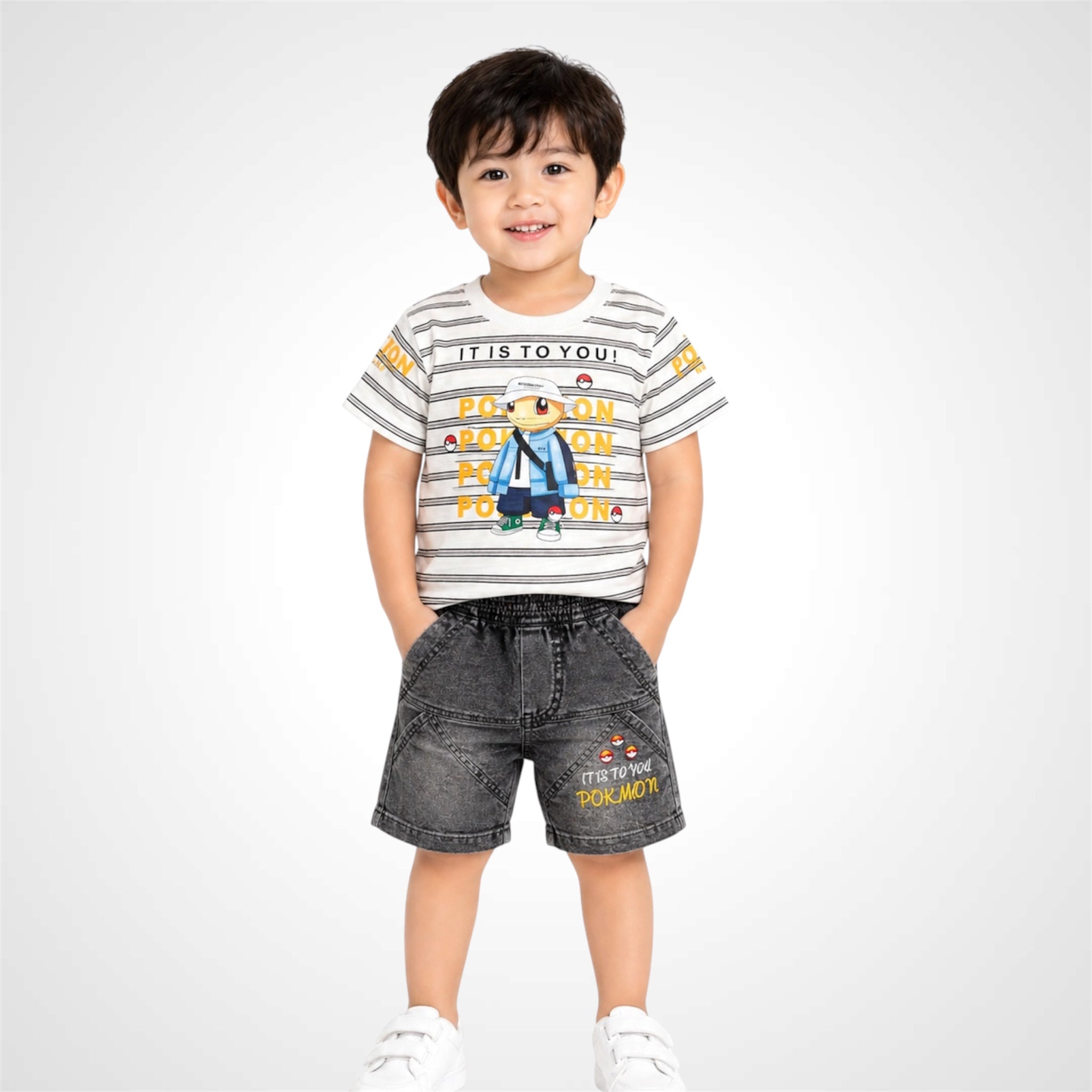 Casual Summer Set - Character Print Tee & Washed Denim Shorts