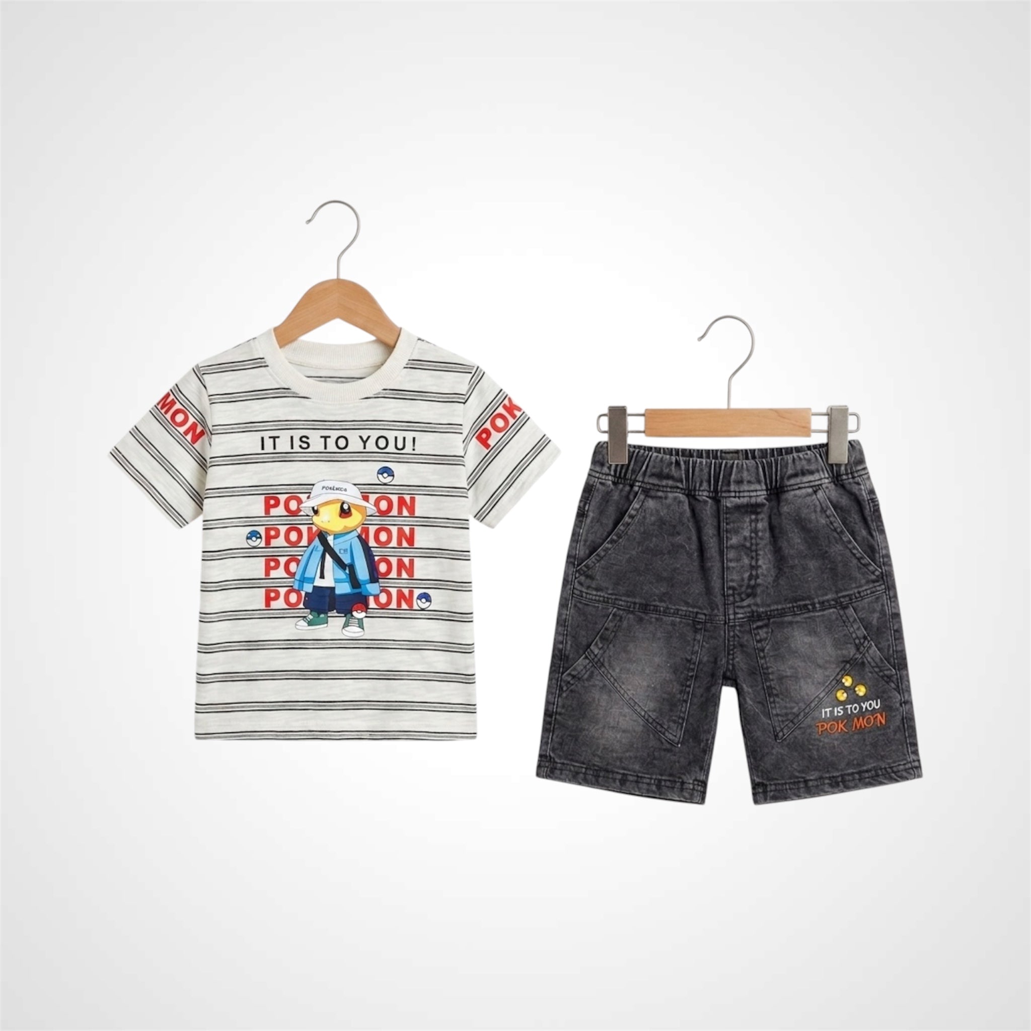 Casual Summer Set - Character Print Tee & Washed Denim Shorts