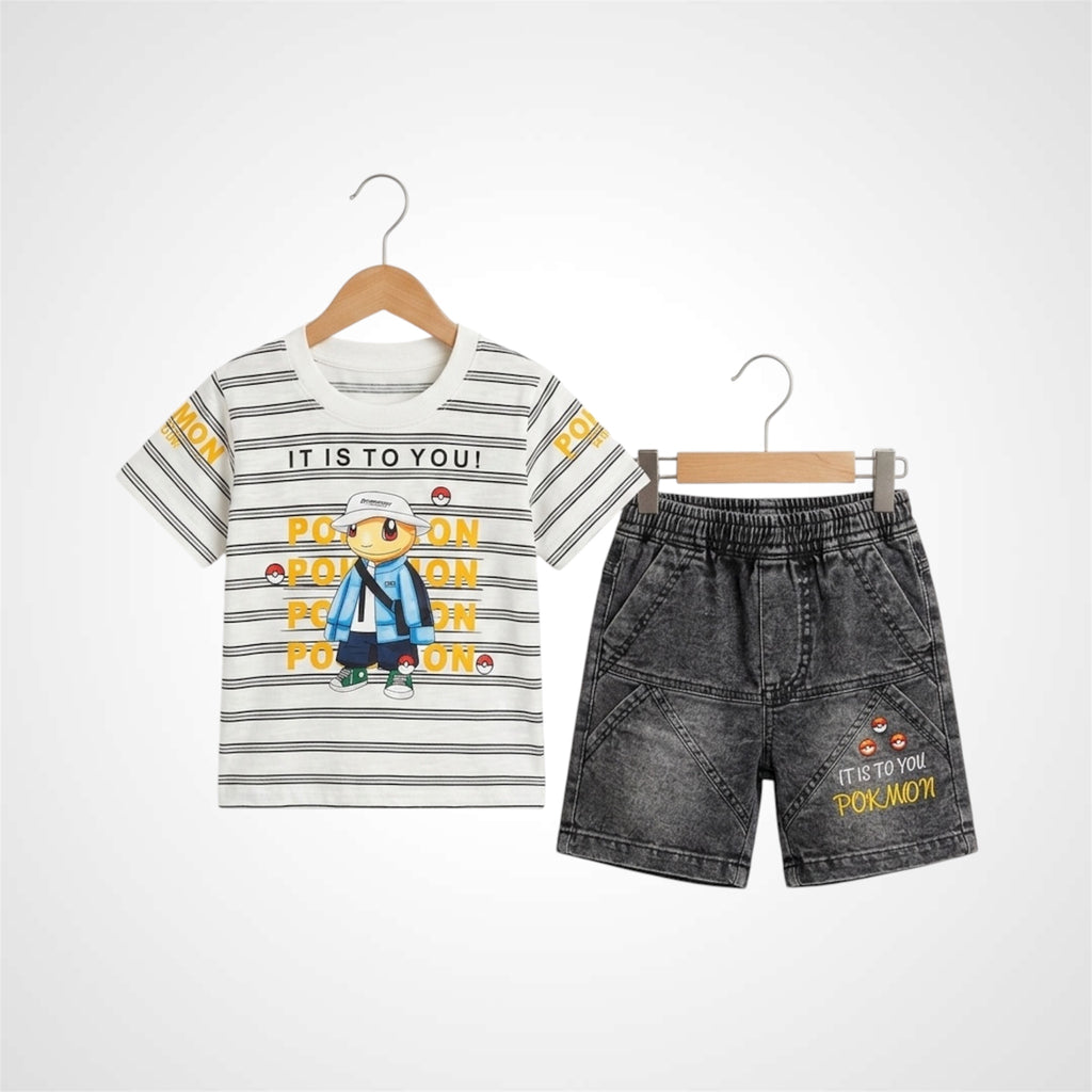 Casual Summer Set - Character Print Tee & Washed Denim Shorts