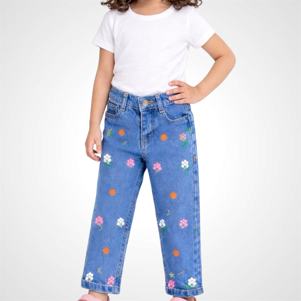 Floral Embroidered baggy-Fit Denim Jeans for Girls - Stylish Kids' Wear