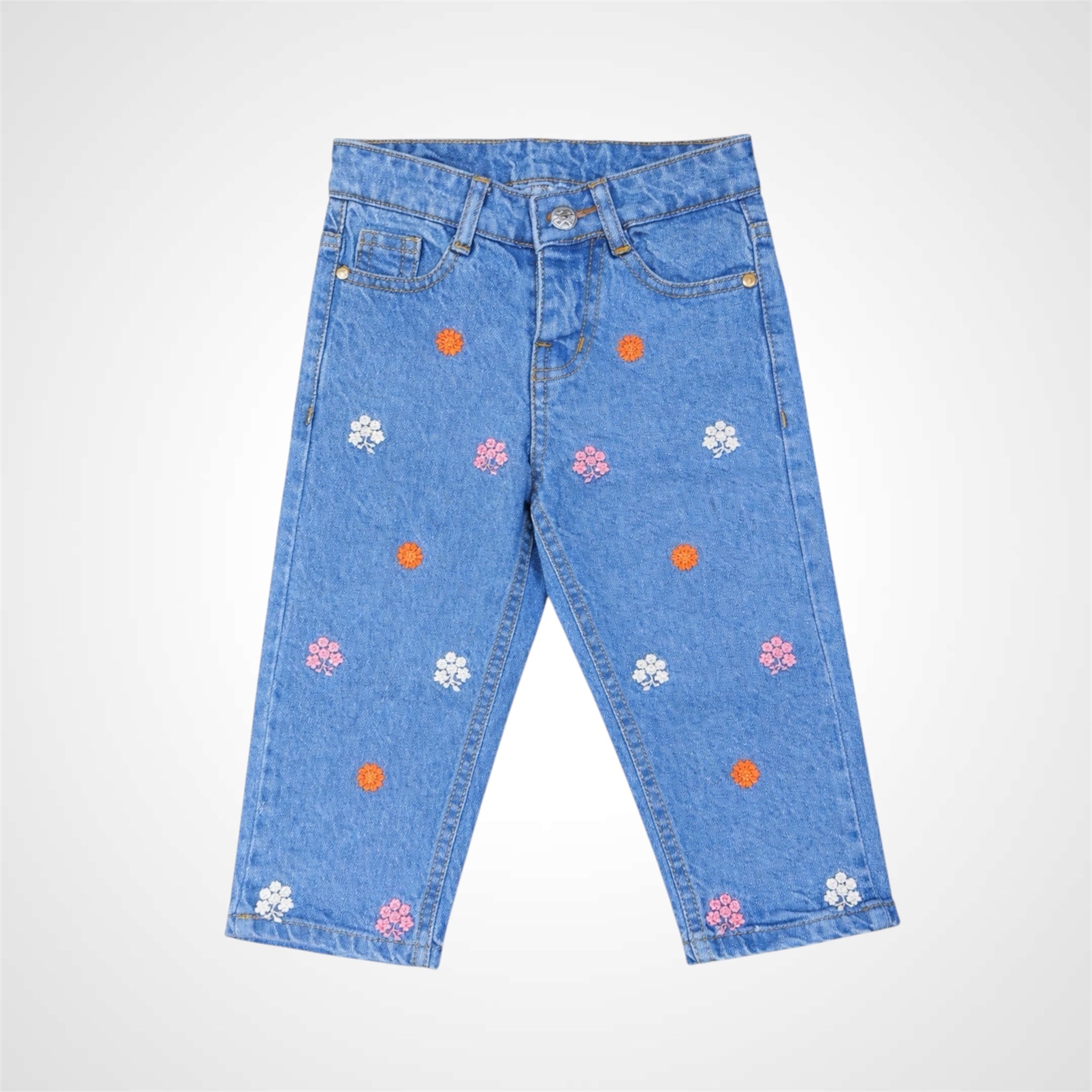 Floral Embroidered baggy-Fit Denim Jeans for Girls - Stylish Kids' Wear