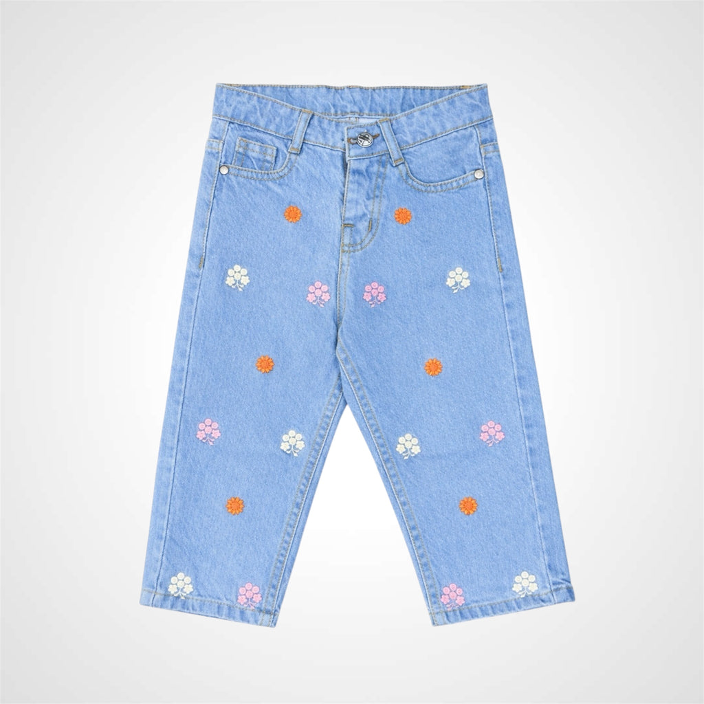 Floral Embroidered baggy-Fit Denim Jeans for Girls - Stylish Kids' Wear