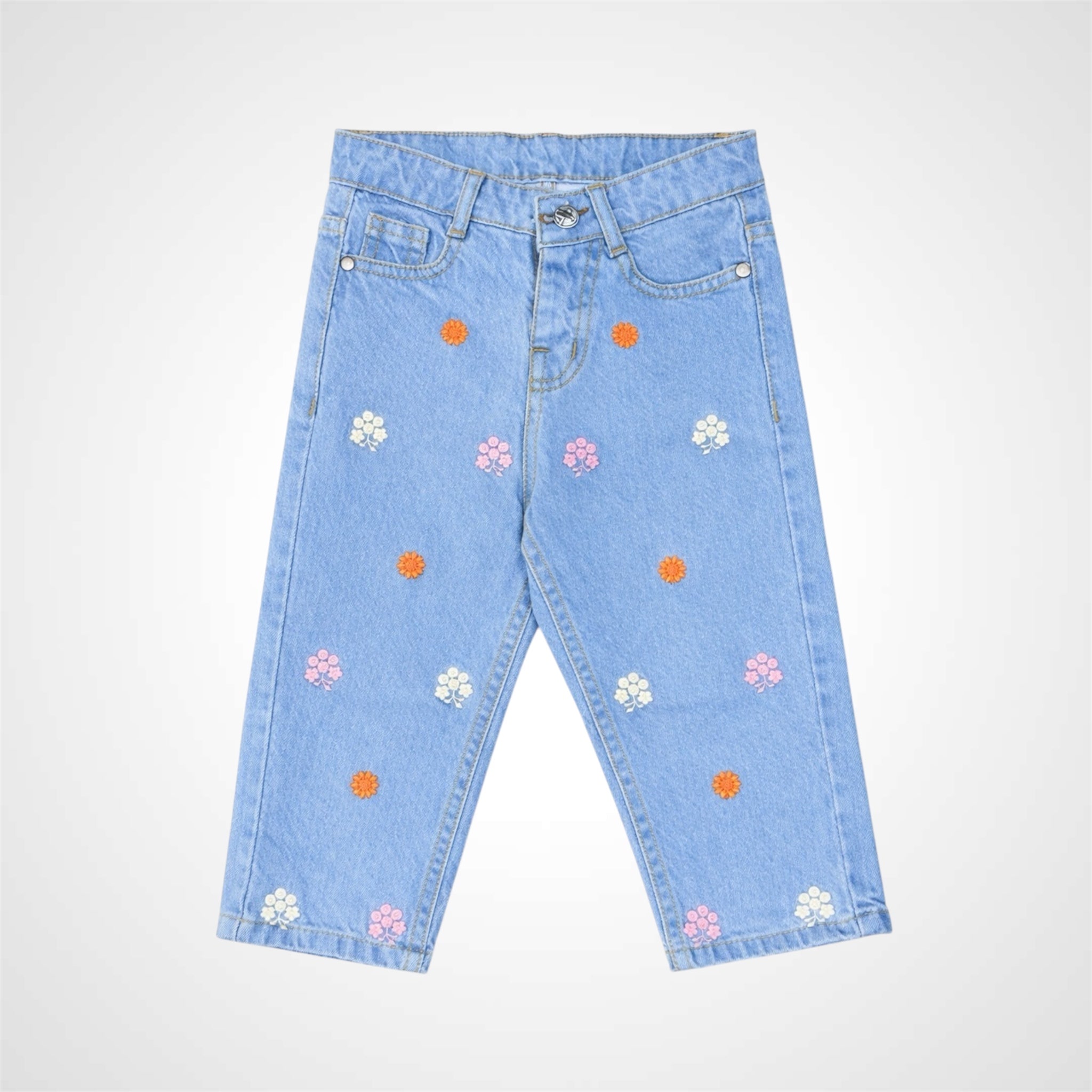 Floral Embroidered baggy-Fit Denim Jeans for Girls - Stylish Kids' Wear
