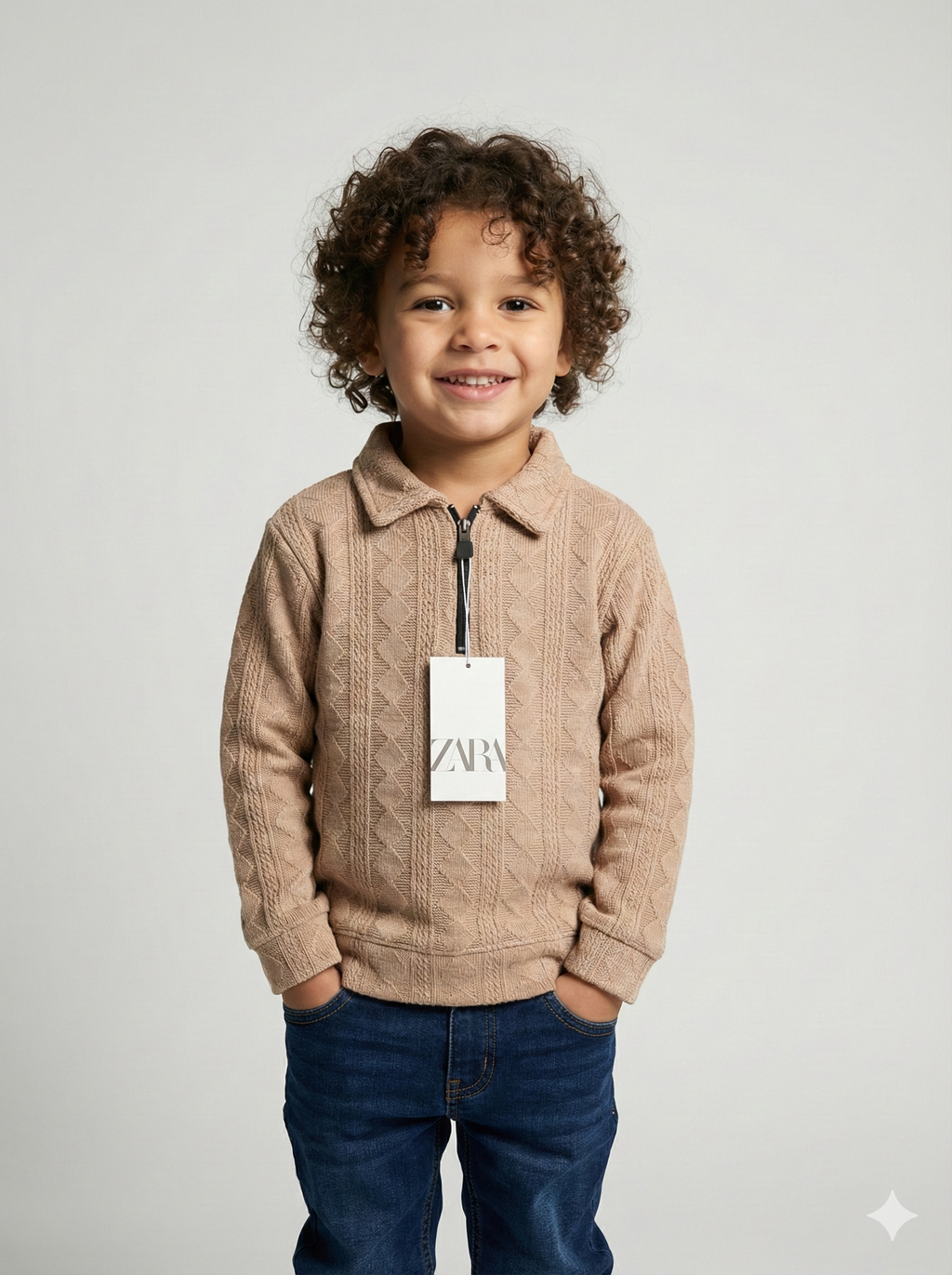 Premium Beige Textured Quarter-Zip Sweater for Boys