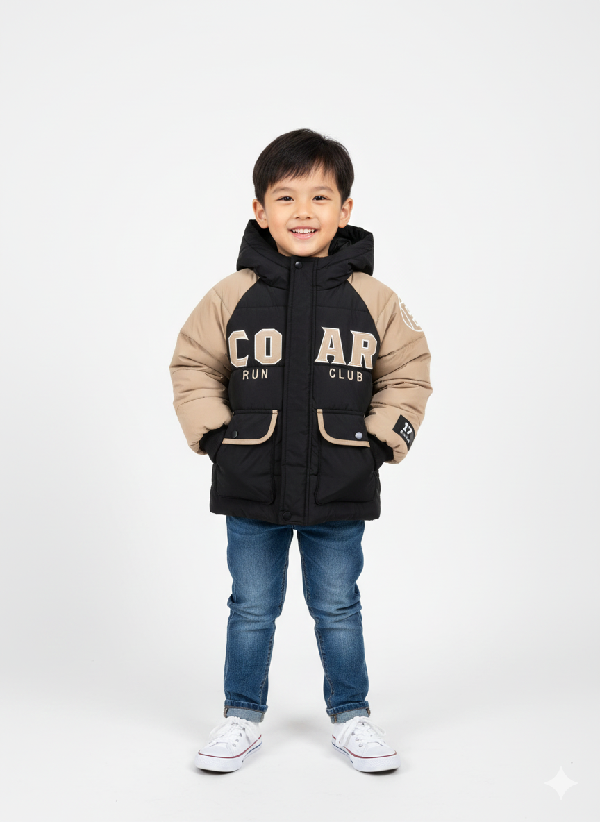 ids' Two-Tone Hooded Puffer Jacket with 'COUGAR RUN CLUB' Graphic