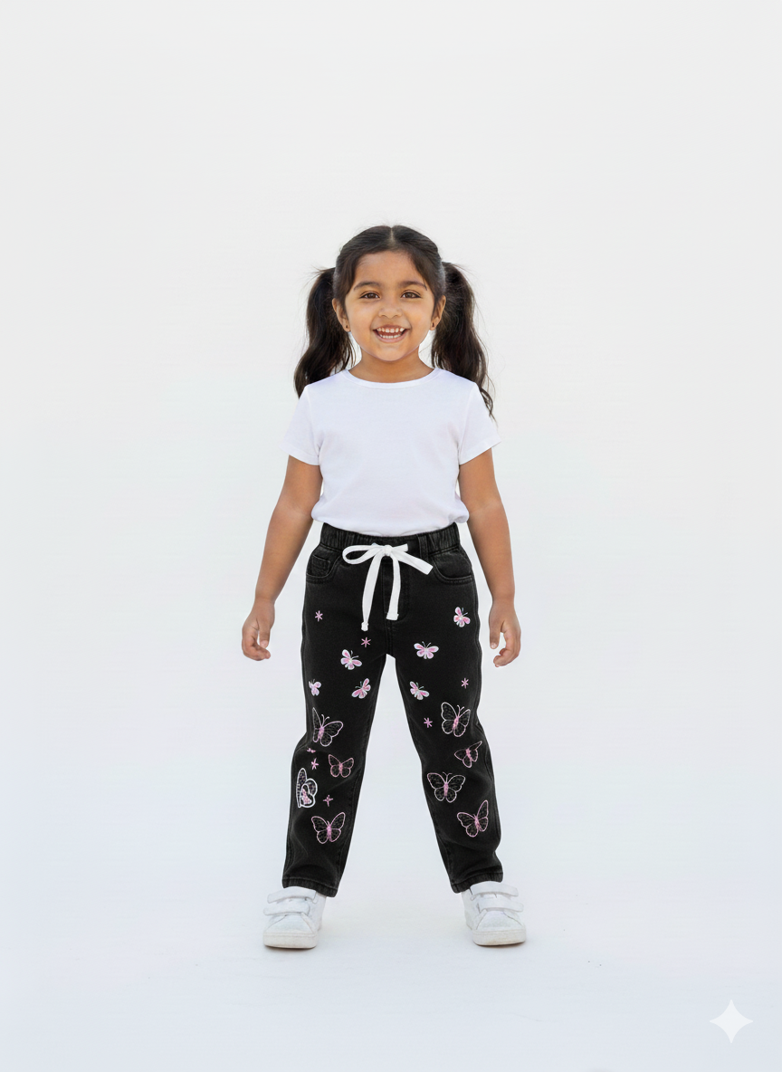 Girls' Signature Butterfly Embroidered Denim – Soft Stretch Jogger Jeans