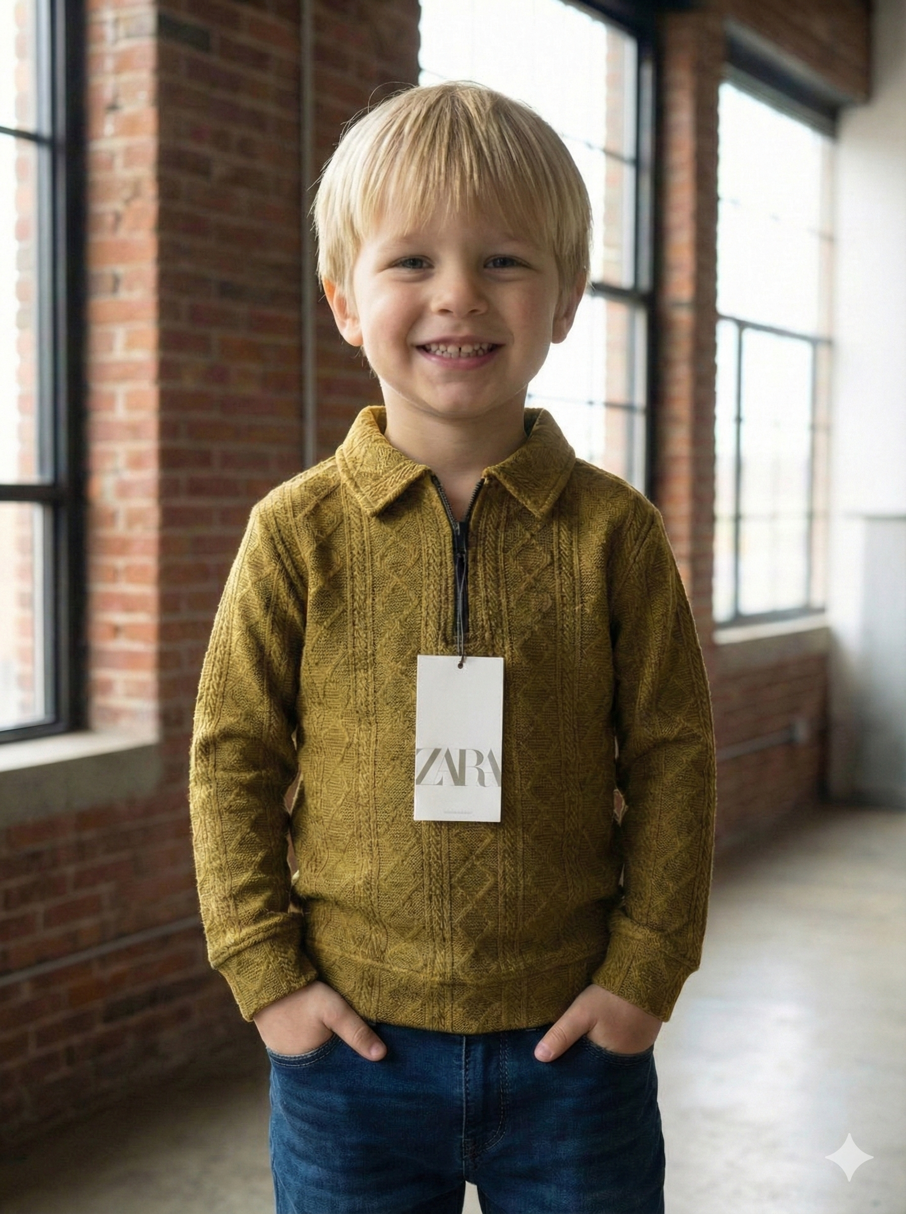Premium Beige Textured Quarter-Zip Sweater for Boys
