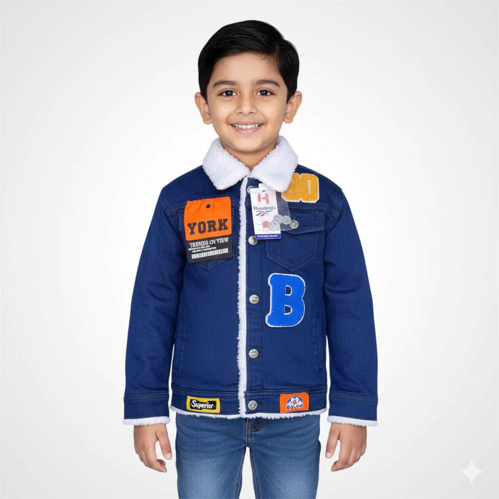 Kids' Sherpa-Lined Denim Trucker Jacket with Varsity Patches | Cozy Faux Fur Collar & Letterman Style