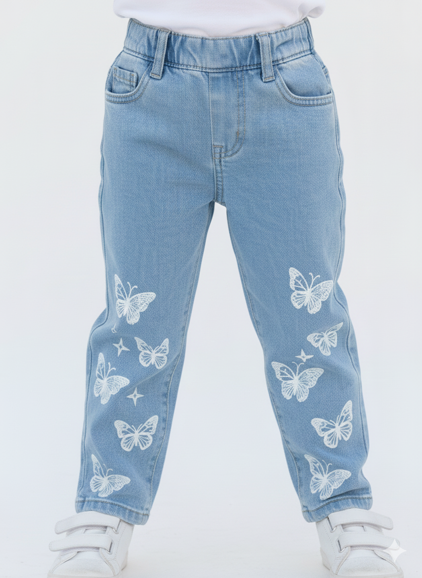 Girls' Butterfly Print Black Denim Joggers - Comfortable Elastic Waist Pants